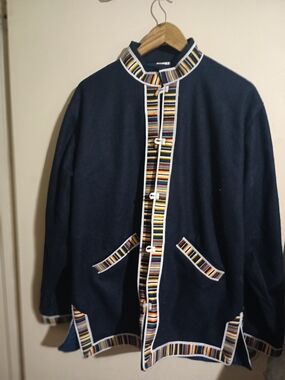 Men's Navy Wool Jacket with Multicolor Trim